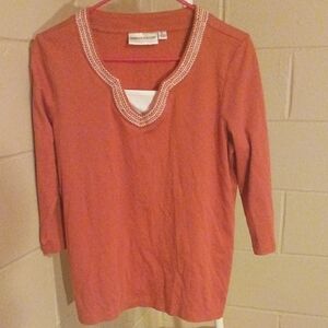 🦋Rebecca Malone Coral 3/4 Sleeve Top with Embellished Neckline